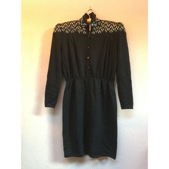 st john beaded dress Vintage 1980s Beaded Ivory Knit Sweater Dress / Marie Gray St. John Ivory /  One Size
